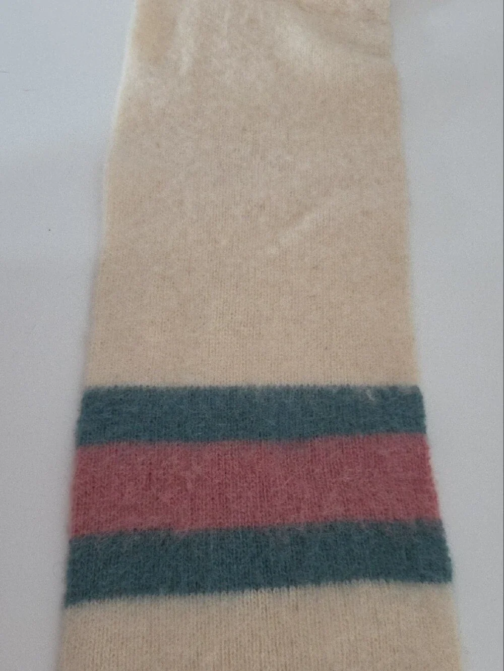 Vintage Eider Knit Cream Wool Scarf with Blue-Green and Dusty Pink Stripes